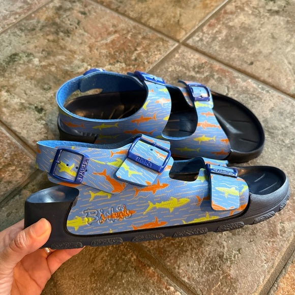 Birkis Blue Sandals with Orange and Yellow Accents size 40 - Picture 5 of 8